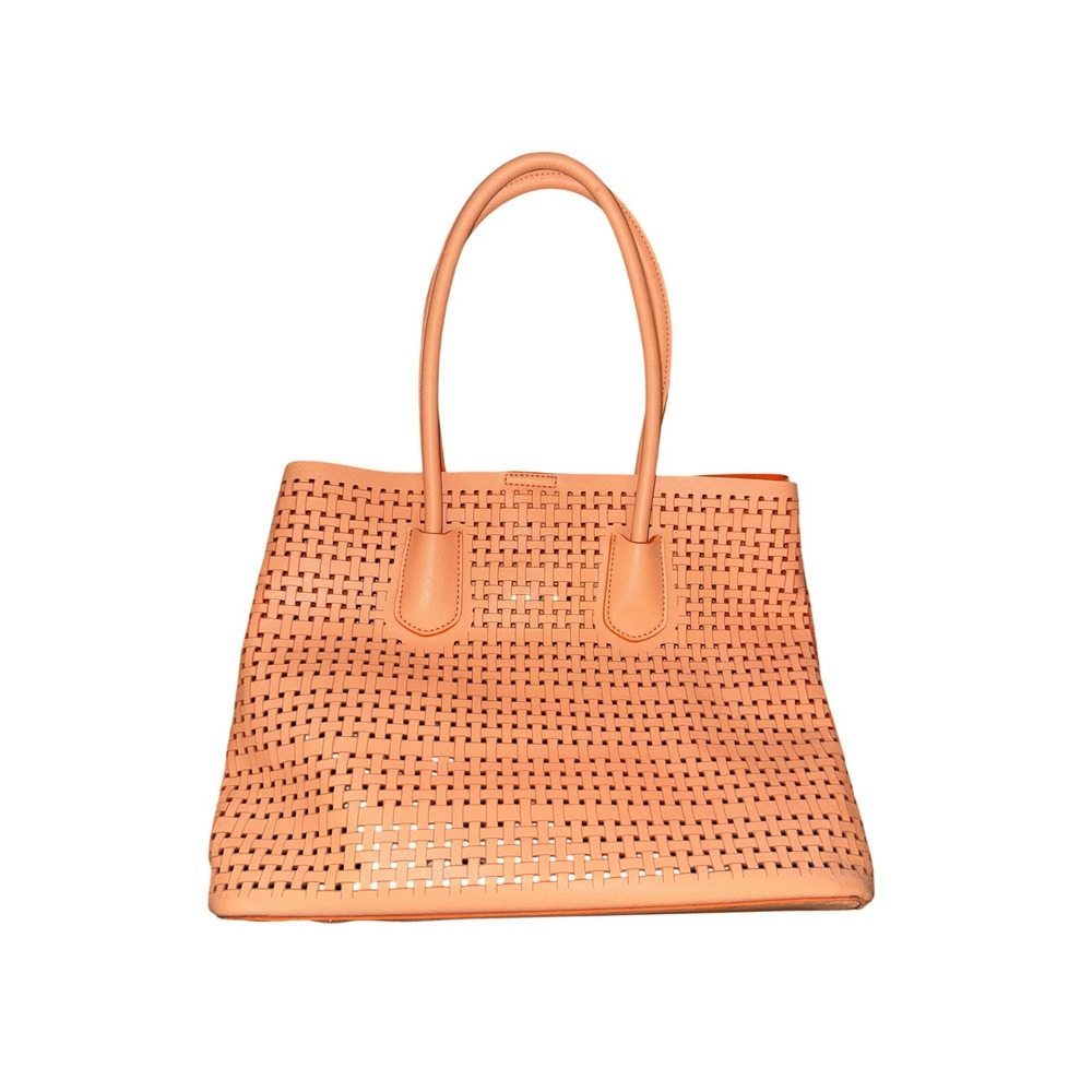 Big Buddha Peach Woven Lattice Tote Bag Neon Orange Interior Large Shoulder Bag